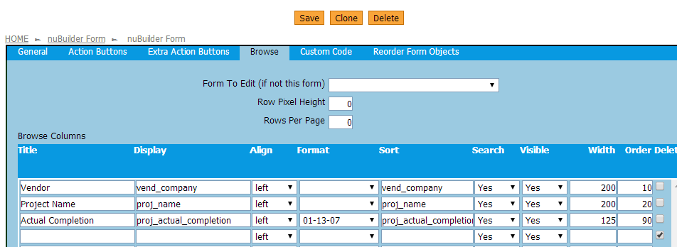 Vendor_projects form browse defintion