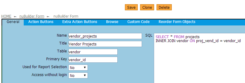Vendor_projects form with updated SQL